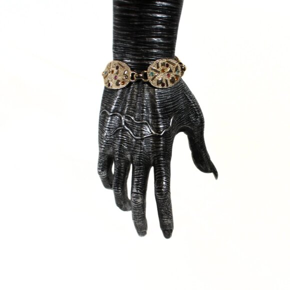 Vintage 1960s Sarah Cov Necklace and Bracelet Set Mod Gold Tone with Rhinestones - Picture 5 of 9